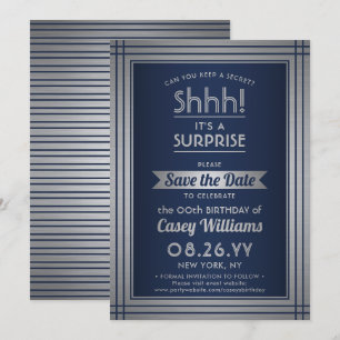 Save The Date Anniversaire Surprise Party Shhh! Elégant bleu mar