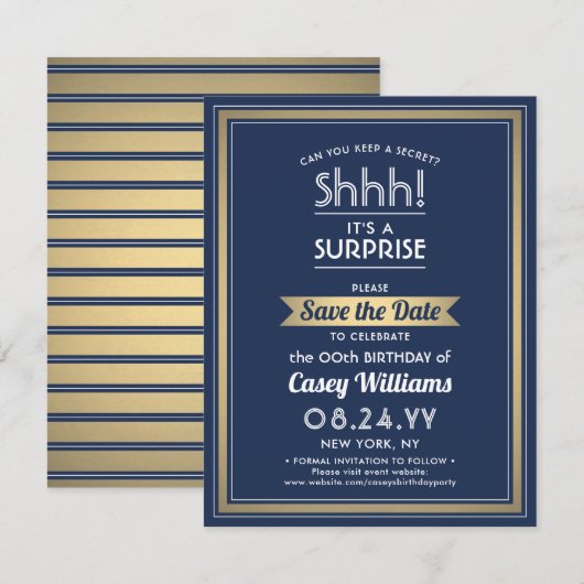 Save The Date Anniversaire Surprise Party Shhh! Marine bleu et o (Devant / Derrière)