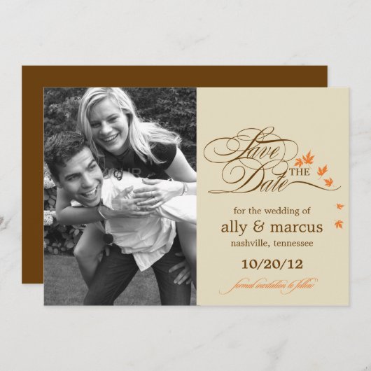 Save The Date Annonce de Date de Mariage avec Feuilles d'Automne (Devant / Derrière)
