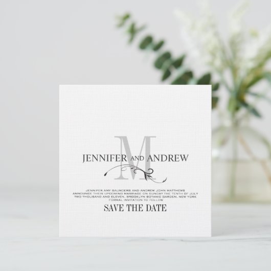 Save The Date Annonce de mariage avec monogramme blanc pour rése (Debout devant)