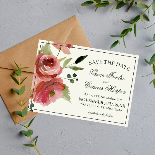 Save The Date Antique Floral rose À feuillage persistant Mariage