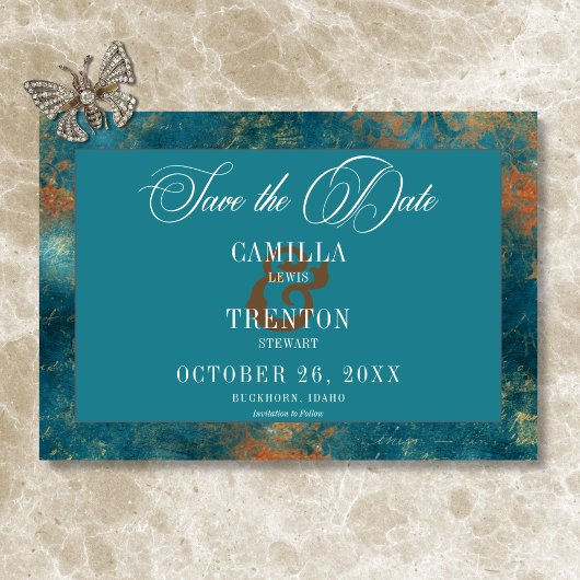 Save The Date Antique gothique Turquoise or Mariage damassé