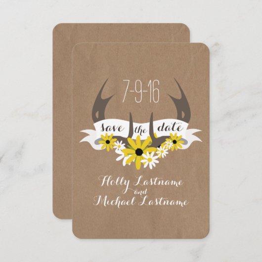 Save The Date Antlers + Carton Fleur sauvage - Date de sauvegard (Devant / Derrière)