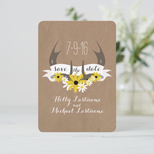 Save The Date Antlers + Carton Fleur sauvage - Date de sauvegard (Debout devant)