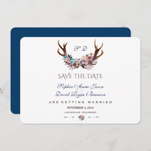 Save The Date Antlers Dusty Blue Rose Floral Enregistrer La Date (Devant / Derrière)