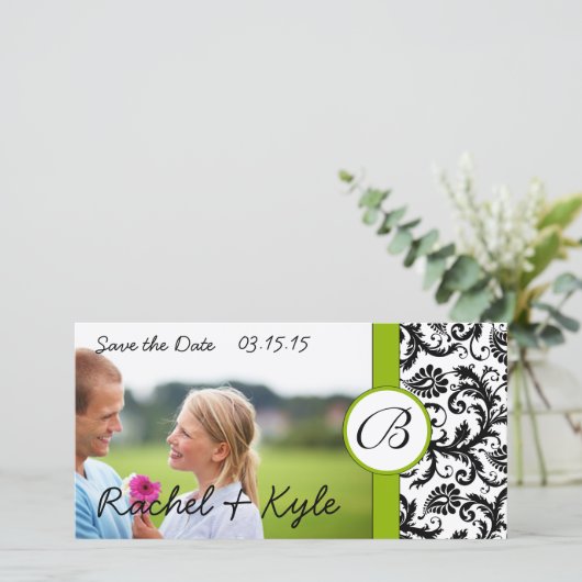 Save The Date Apple Green Black Damask Enregistrer la date Votre (Debout devant)