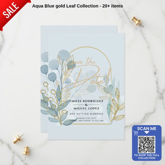 Save The Date Aqua Pale Bleu Feuille Mariage ENREGISTRER LA DATE