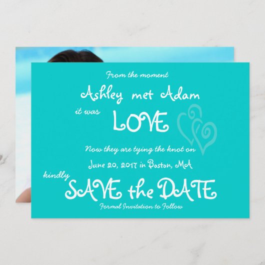 Save The Date Aqua Turquoise Love, Hearts Photo Enregistrer la c (Devant / Derrière)