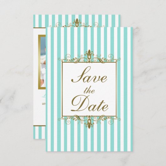 Save The Date Aqua, White Stripes Gold Scroll Enregistrer la car (Devant / Derrière)