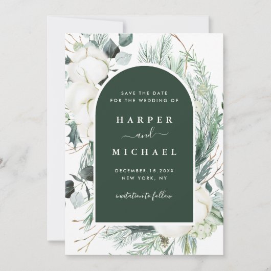 Save The Date Aquarelle À feuillage persistant et Fleurs de coto (Devant)