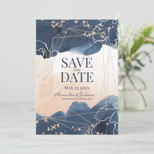 Save The Date Aquarelle Abstraite Bleu Or (Debout devant)