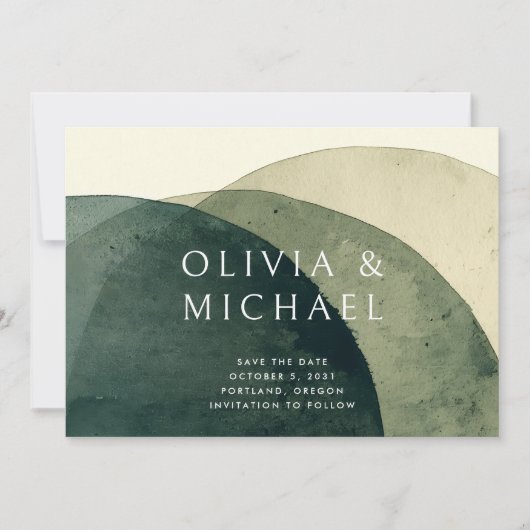 Save The Date Aquarelle Abstraite moderne Mariage vert olive (Devant)