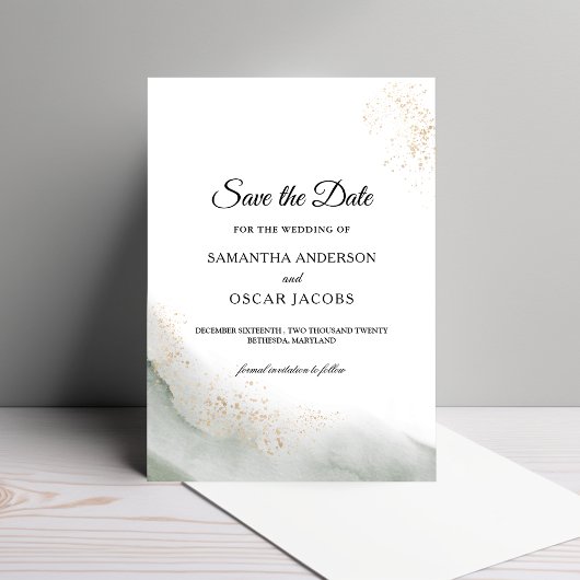 Save The Date Aquarelle Abstraite Pinceau vert et or