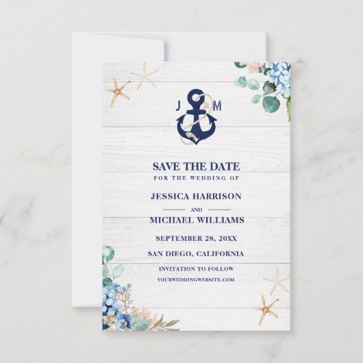 Save The Date Aquarelle Ancre marine Floral Rustic Beach (Devant)