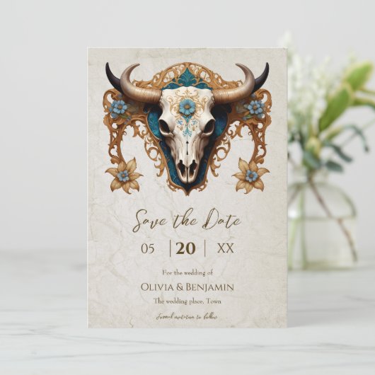 Save The Date Aquarelle Art nouveau Floral Vache Crâne Mariage (Debout devant)