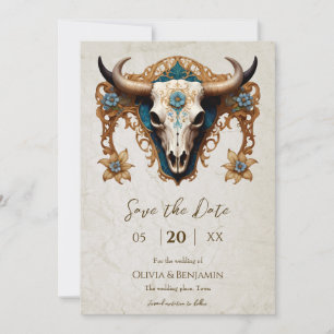 Save The Date Aquarelle Art nouveau Floral Vache Crâne Mariage