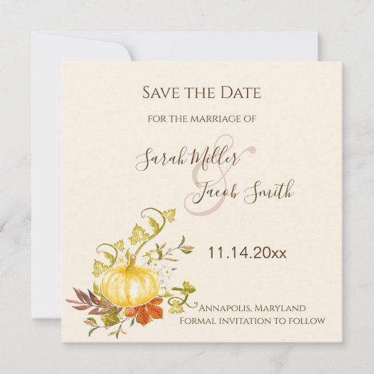 Save The Date Aquarelle Automne Citrouille et Mariage Feuille (Devant)