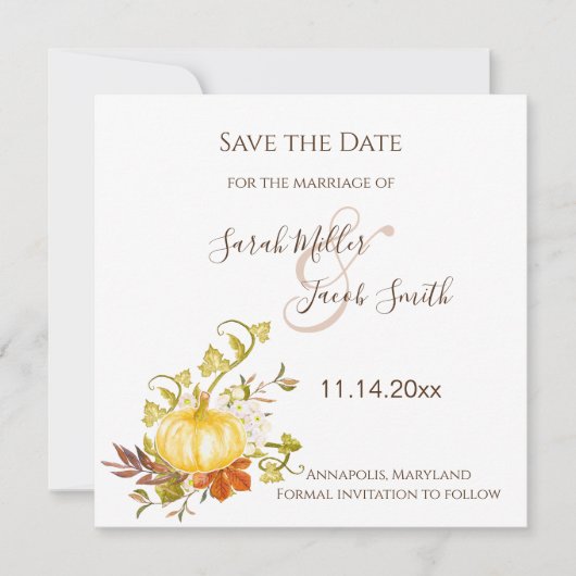 Save The Date Aquarelle Automne Citrouille et Mariage Feuille (Devant)
