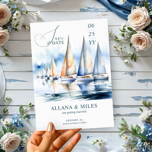 Save The Date Aquarelle Bateaux à voile et photo Mariage côtier