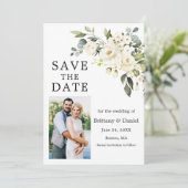 Save The Date Aquarelle Blanc Floral Végétation Photo (Debout devant)