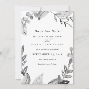 Save The Date Aquarelle Blanc frais Gris Feuille Mariage d'hiver