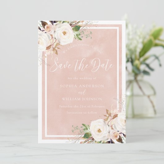 Save The Date Aquarelle blanche Fleurs blanches Beau Mariage (Debout devant)