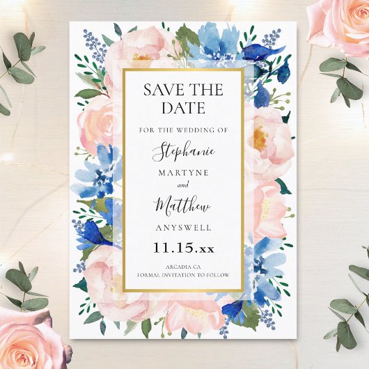 Save The Date Aquarelle bleu bleu rose or Mariage floral