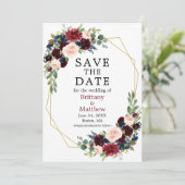 Save The Date Aquarelle bleu Bourgogne Floral Geo Frame (Debout devant)