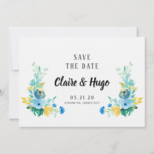Save The Date Aquarelle Bleu de mer Floral Enregistrer la date (Devant)