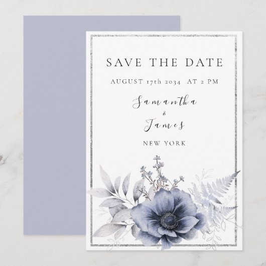 Save The Date Aquarelle Bleu Dusty Bohème Floral (Devant / Derrière)
