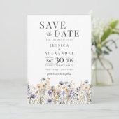 Save The Date Aquarelle bleu Dusty Fleurs sauvages Mariage éléga (Debout devant)