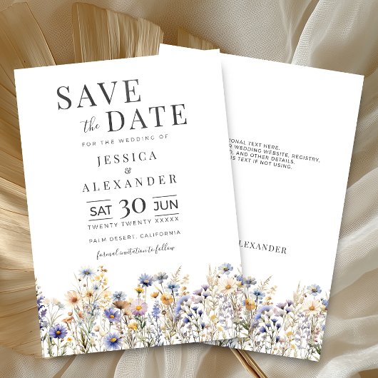 Save The Date Aquarelle bleu Dusty Fleurs sauvages Mariage éléga