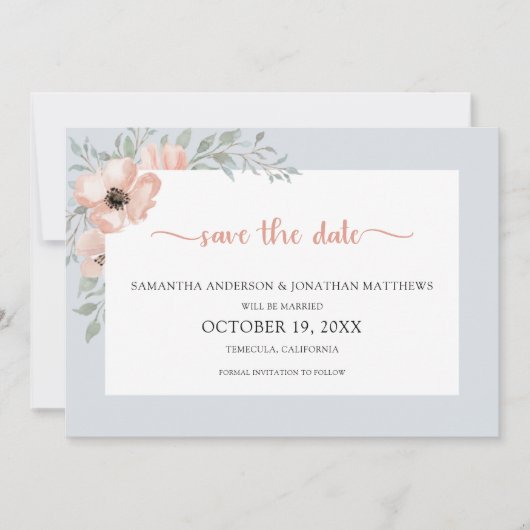 Save The Date Aquarelle bleu Dusty Peach Floral Enregistrer La D (Devant)
