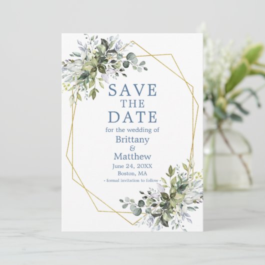 Save The Date Aquarelle bleu Dusty Verdure Gold Geo Frame (Debout devant)