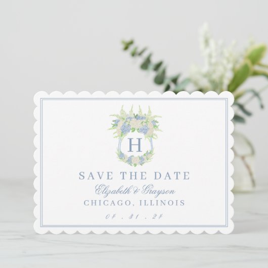 Save The Date Aquarelle Bleu et Blanc Hydrangea Crest (Debout devant)