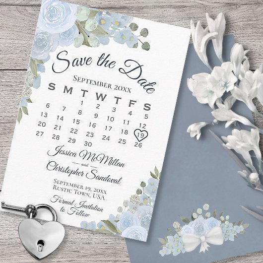 Save The Date Aquarelle bleu foncé Floral Boho Calendrier Mariag