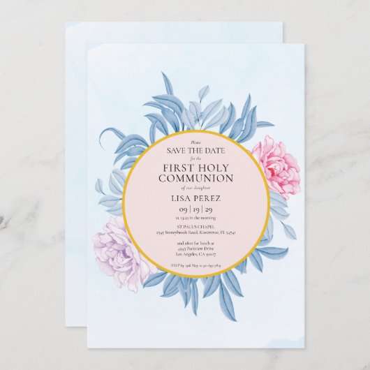 Save The Date Aquarelle bleu foncé Première communion (Devant / Derrière)