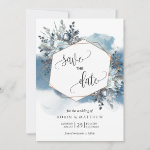 Save The Date Aquarelle bleu géométrique et feuillage bleu