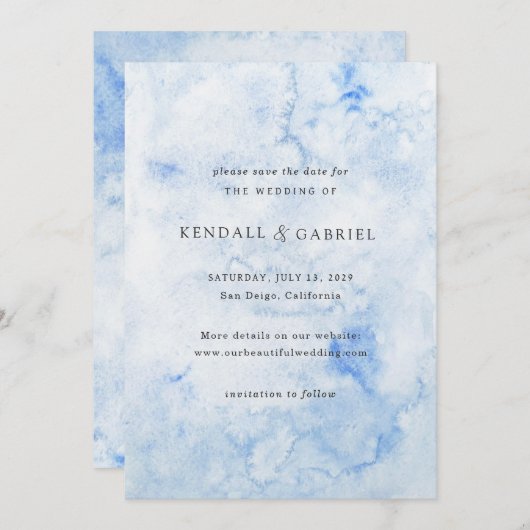 Save The Date Aquarelle bleu Kendall Mariage élégant (Devant / Derrière)