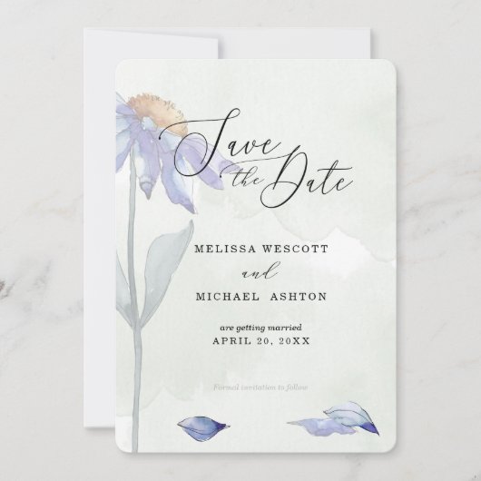 Save The Date Aquarelle bleu marguerite Mariage rustique vert  (Devant)