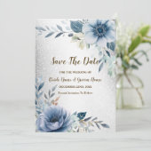 Save The Date Aquarelle bleu mariage Fleurs d'Aquarelle argent (Debout devant)
