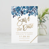 Save The Date Aquarelle bleu marine or floral enregistrer la dat (Debout devant)