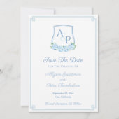 Save The Date Aquarelle Bleu Monogramme Botanique Mariage Crest (Devant)