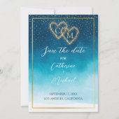 Save The Date Aquarelle Bleu Océan Vagues Avec Mariage Monogramm (Devant)
