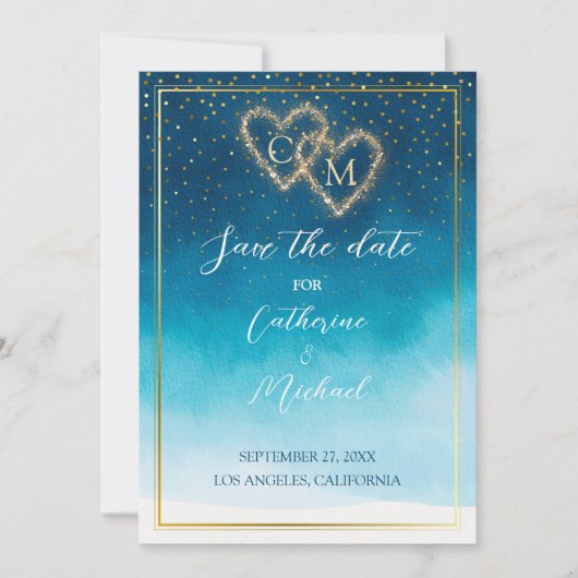 Save The Date Aquarelle Bleu Océan Vagues Avec Mariage Monogramm (Devant)