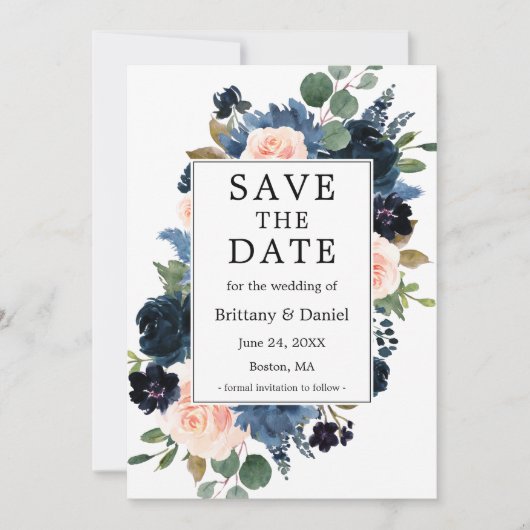 Save The Date Aquarelle bleu rose pâle Cadre Floral (Devant)