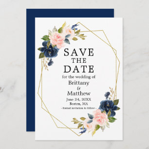 Save The Date Aquarelle bleu rose Rose or Geo Frame