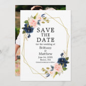 Save The Date Aquarelle bleu rose Rose photo Geo Frame (Devant / Derrière)