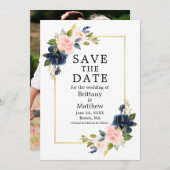 Save The Date Aquarelle bleu rose Rose Photo Gold Frame (Devant / Derrière)