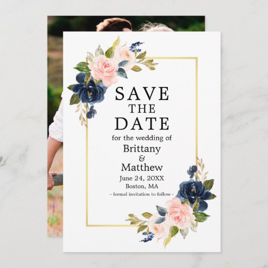 Save The Date Aquarelle bleu rose Rose Photo Gold Frame (Devant / Derrière)
